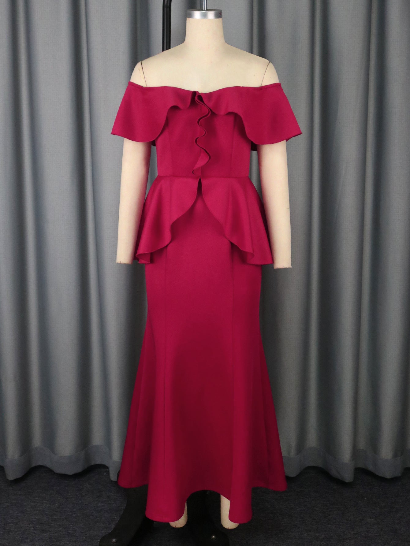 Women's Red Ruffle Off-Shoulder Fishtail Maxi Dress