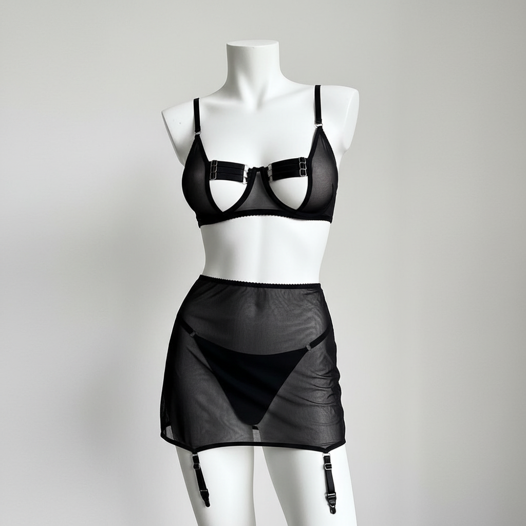 Women's Strappy Mesh Lingerie Set - Four-Piece Intimate Apparel Collection