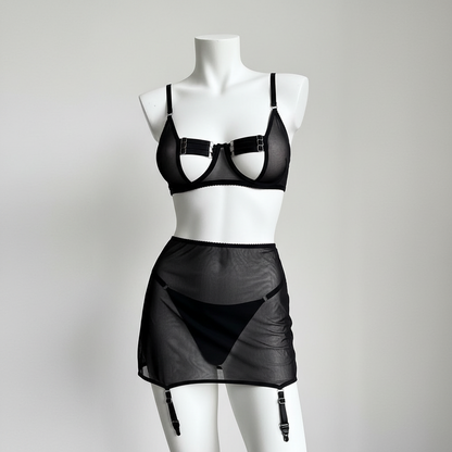 Women's Strappy Mesh Lingerie Set - Four-Piece Intimate Apparel Collection