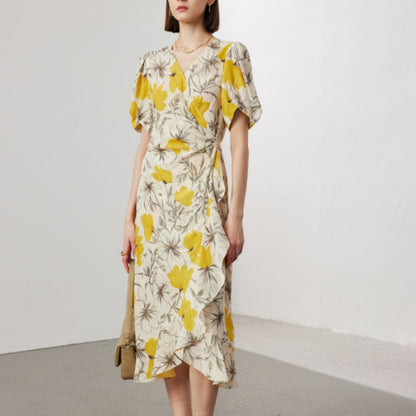 Silk Dress with Lace Print - Short Sleeve A-line