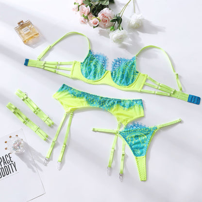 Women's Lace Mesh Lingerie Set - Three-Piece Bra and Panty Collection