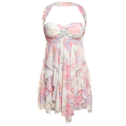 Halter Neck Backless Dress - Printed Irregular Mesh Short Dress for Summer