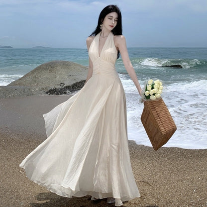 Women's Sleeveless V-Neck Halter Dress - Cinched Waist Pleated Maxi Dress