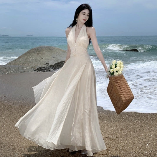 Women's Sleeveless V-Neck Halter Dress - Cinched Waist Pleated Maxi Dress