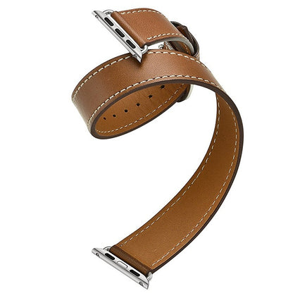 Classic Double Tour Genuine Leather Smartwatch Strap - Elegant Wrap-Around Band