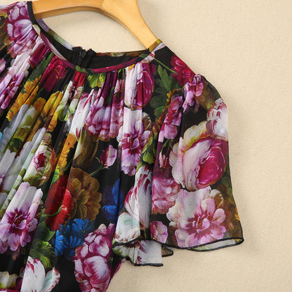 Premium Silk Chiffon Dress - Pleated Chrysanthemum Print with Belt