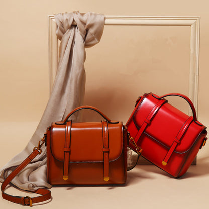 Genuine Leather Shoulder Bag - European Retro Square Handbag