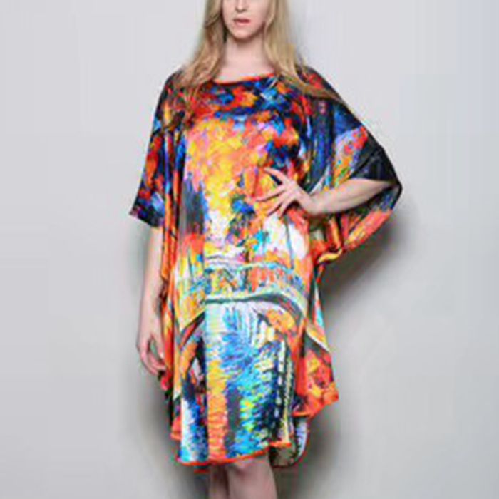 Women's Luxe Silk Bat Sleeve Nightdress - 100% Mulberry Silk Loose Fit Pajama Dress with Inkjet Prints