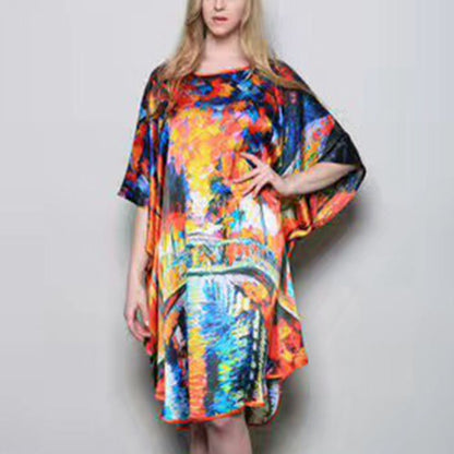 Women's Luxe Silk Bat Sleeve Nightdress - 100% Mulberry Silk Loose Fit Pajama Dress with Inkjet Prints