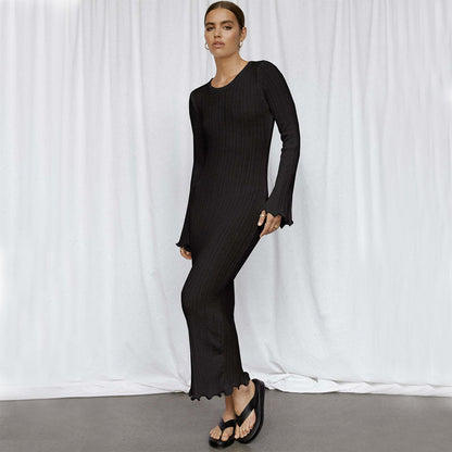 High Waist A-Line Maxi Dress - Long Sleeve Cotton Knit Dress