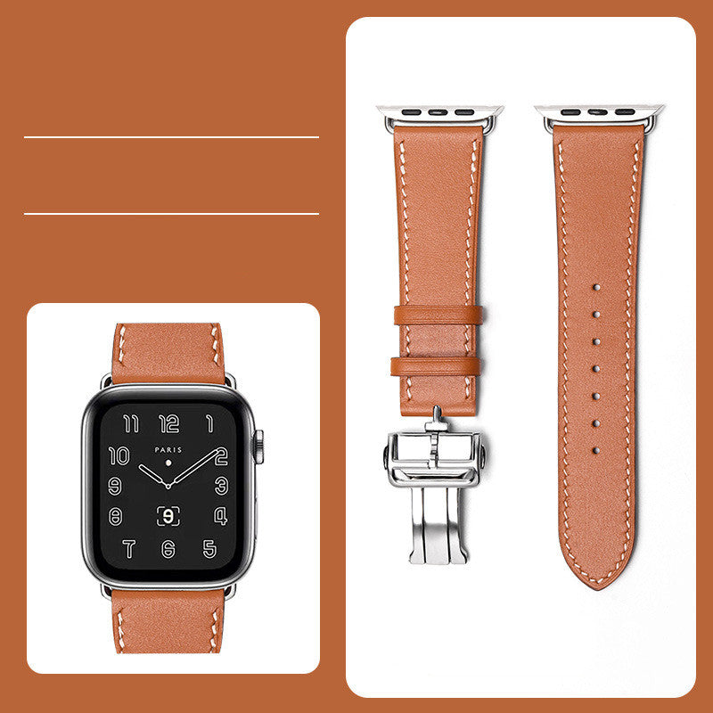 Premium Leather Smartwatch Strap with Butterfly Clasp - Hand-Stitched Band