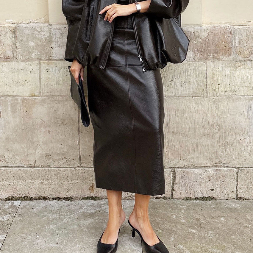 Premium PU Leather Midi Skirt with Slit Detail - Straight Silhouette