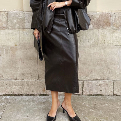 Premium PU Leather Midi Skirt with Slit Detail - Straight Silhouette