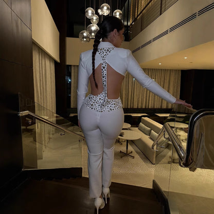 Women's Rhinestone Embellished Bodysuit - Long Sleeve Fitted Jumpsuit