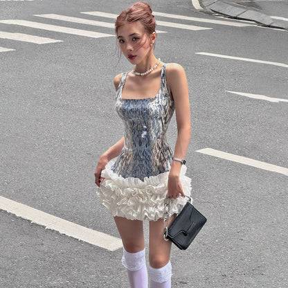 Women's U-Neck Sequin Tassel Mini Dress - High-Waist Party Dress