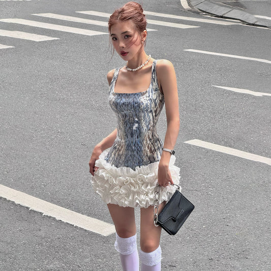 Women's U-Neck Sequin Tassel Mini Dress - High-Waist Party Dress