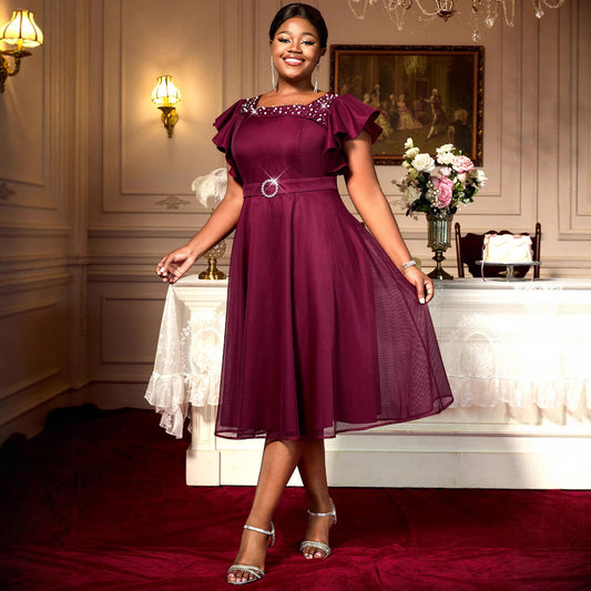 Women's Mesh Butterfly Sleeve Ruffle A-Line Midi Dress | Party & Wedding Guest