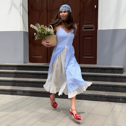 Plaid Two-Piece Style Slip Dress - High Waist A-Line Sleeveless Dress