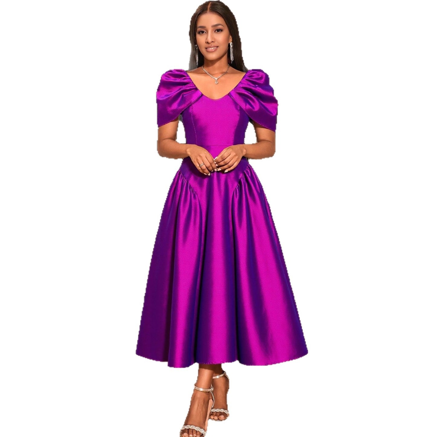 Women's Puff Sleeve A-Line Evening Dress | Pleated Maxi Banquet Gown