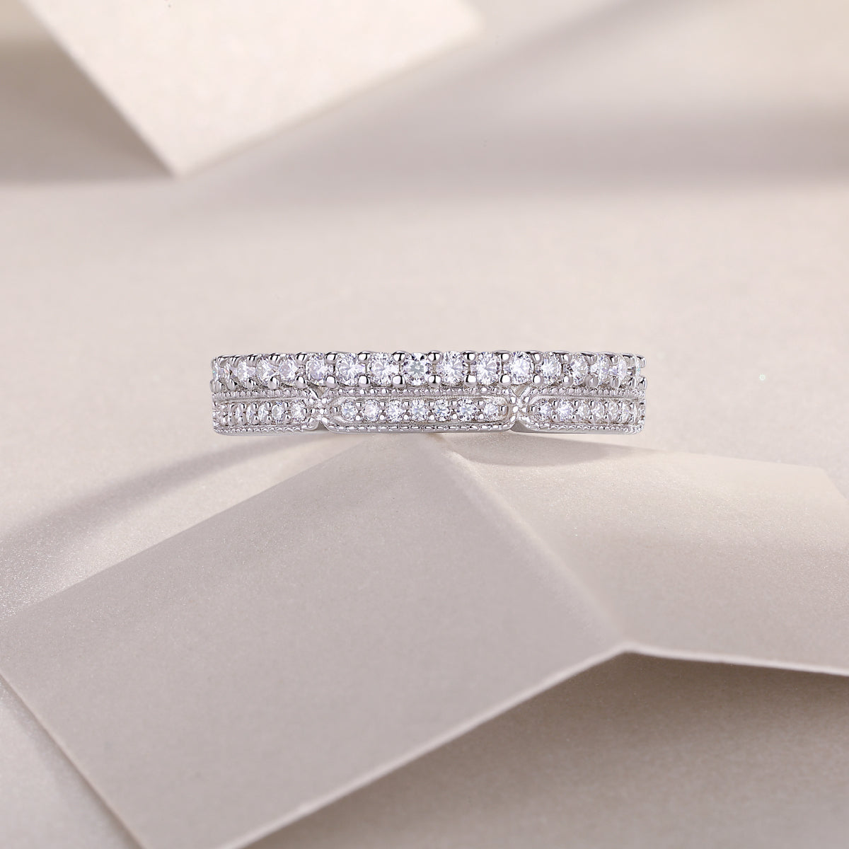 Moissanite Sterling Silver Ring - Platinum Plated Wedding Band