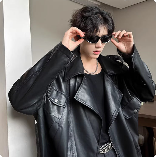 Men's Faux Leather Jacket - Trendy Loose Fit Style