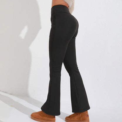 High Waist Brushed Fleece Trousers - Women's Button Detail Casual Pants