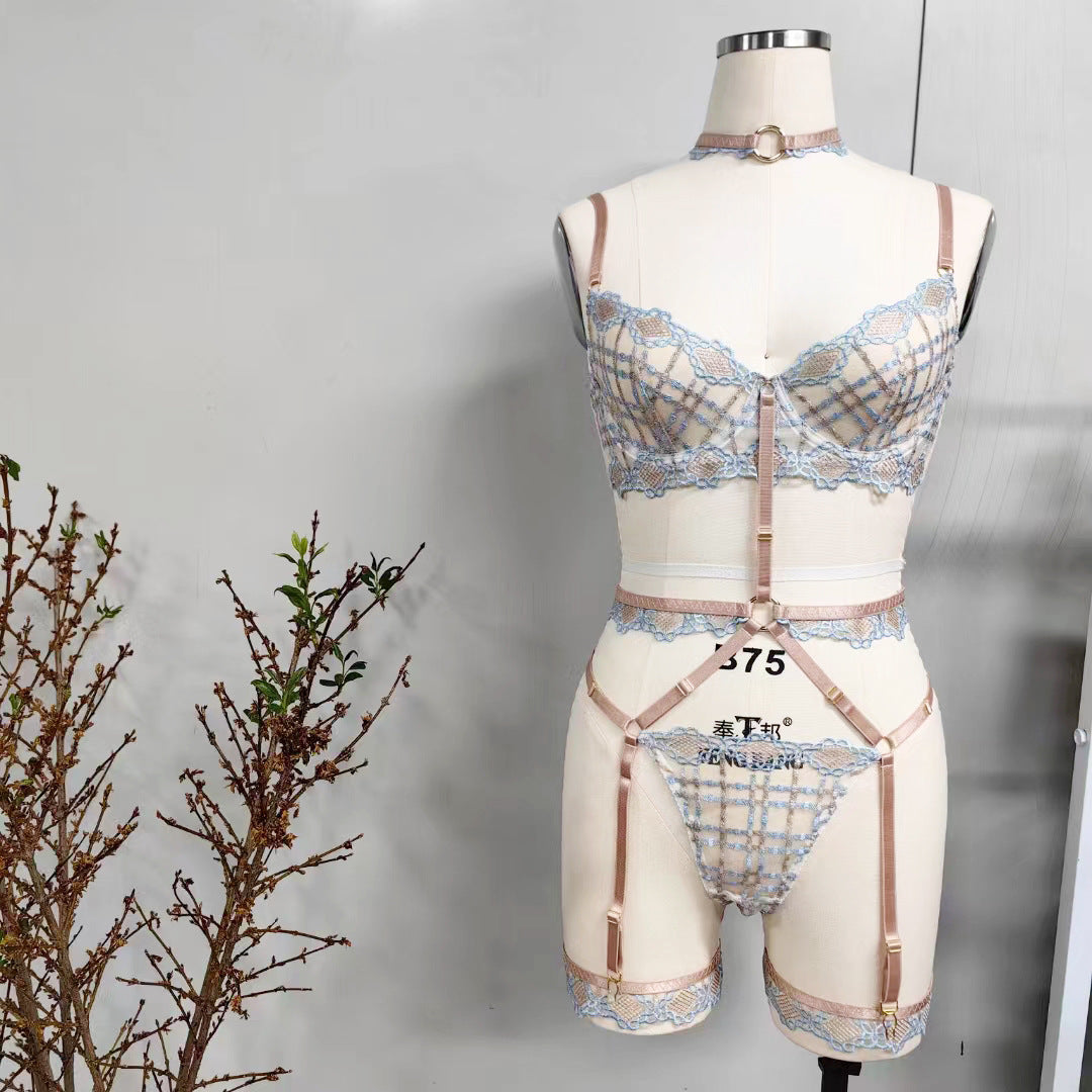 Women's Plaid Mesh Lingerie Bodysuit with Stockings - Sheer Lace Design
