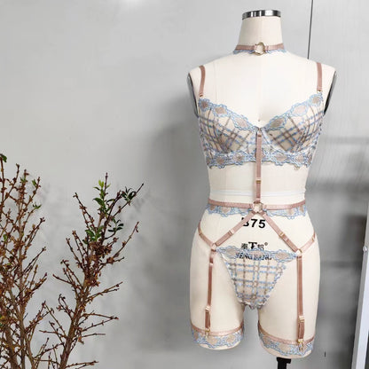 Women's Plaid Mesh Lingerie Bodysuit with Stockings - Sheer Lace Design