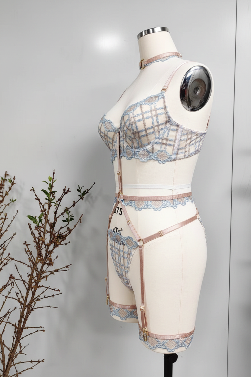 Women's Plaid Mesh Lingerie Bodysuit with Stockings - Sheer Lace Design