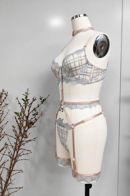 Women's Plaid Mesh Lingerie Bodysuit with Stockings - Sheer Lace Design