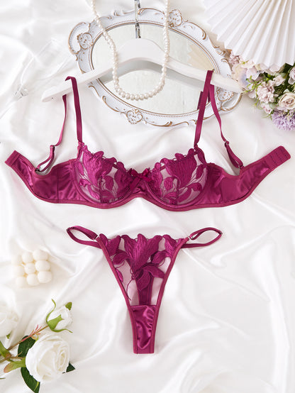 Women's Lace Embroidery Mesh Bra and Panty Set - 3/4 Cup Lingerie Set