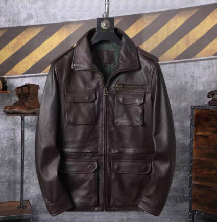 Men's Genuine Cowhide Leather Jacket - Mid-Length Reversible Workwear Jacket