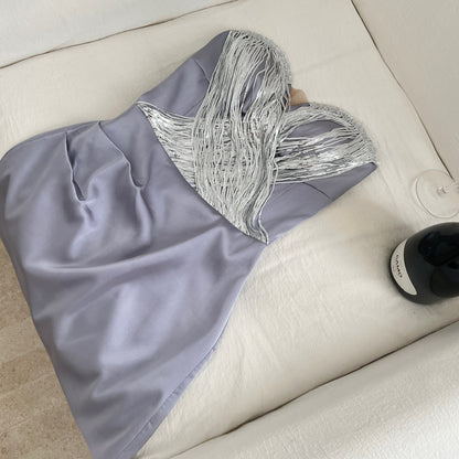 Purple Strapless Satin Bodycon Dress | Shimmer Panel Bridesmaid & Formal Gown