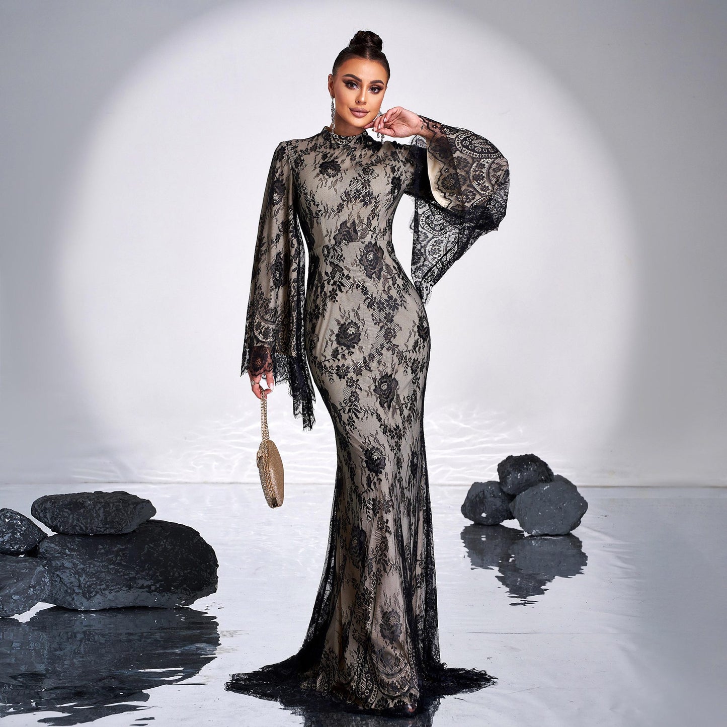 Women's Long Sleeve Round Neck Lace Bodycon Banquet Dress | Voile Overlay