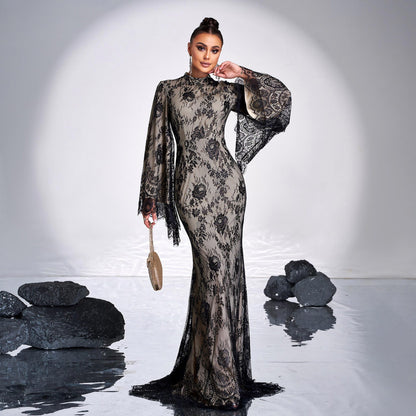 Women's Long Sleeve Round Neck Lace Bodycon Banquet Dress | Voile Overlay