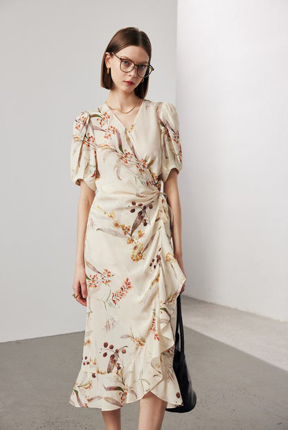Silk Dress with Lace Print - Short Sleeve A-line