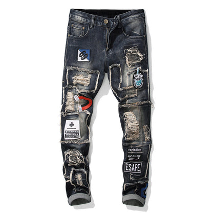 Mid-Waist Ripped Patch Stretch Jeans - Men's Tapered Denim Trousers