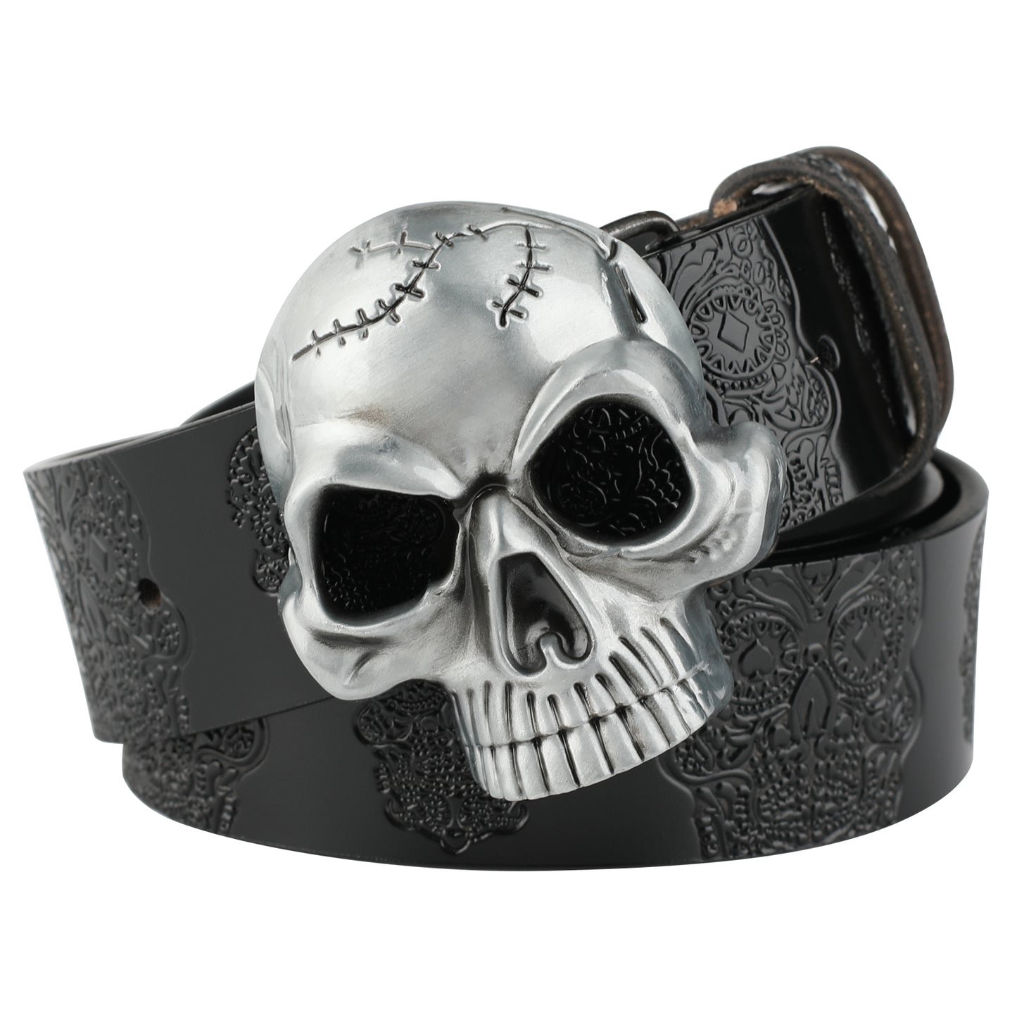 Men's Second-Layer Cowhide Leather Belt - Embossed Ghost Head Design with Skull Pin Buckle