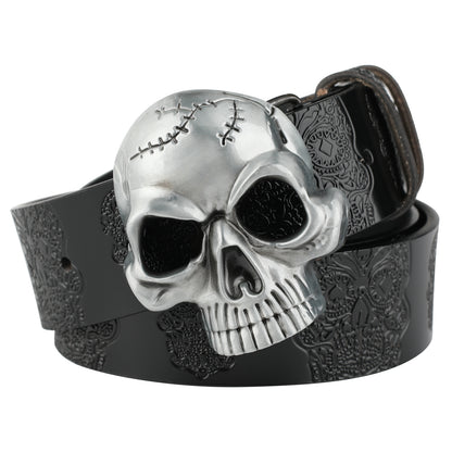 Men's Second-Layer Cowhide Leather Belt - Embossed Ghost Head Design with Skull Pin Buckle