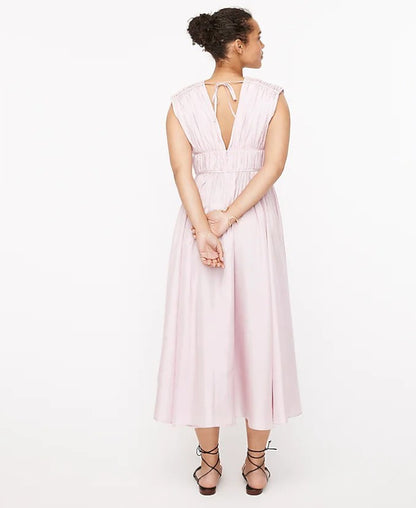 Vintage Silk Sleeveless V-Neck Lace-Up Pleated Waist Dress