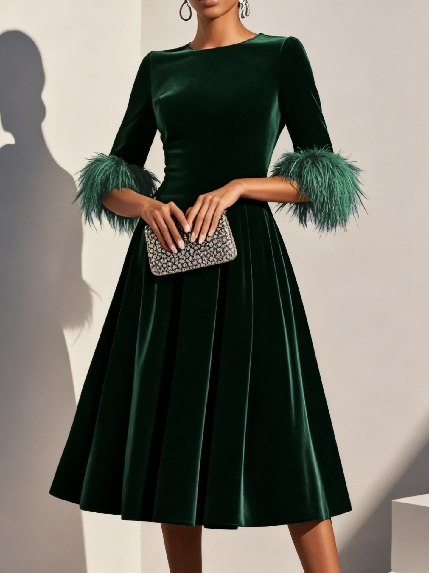 Women's Elegant Round-Neck Velvet Dress - Mid-Length Three-Quarter Sleeve