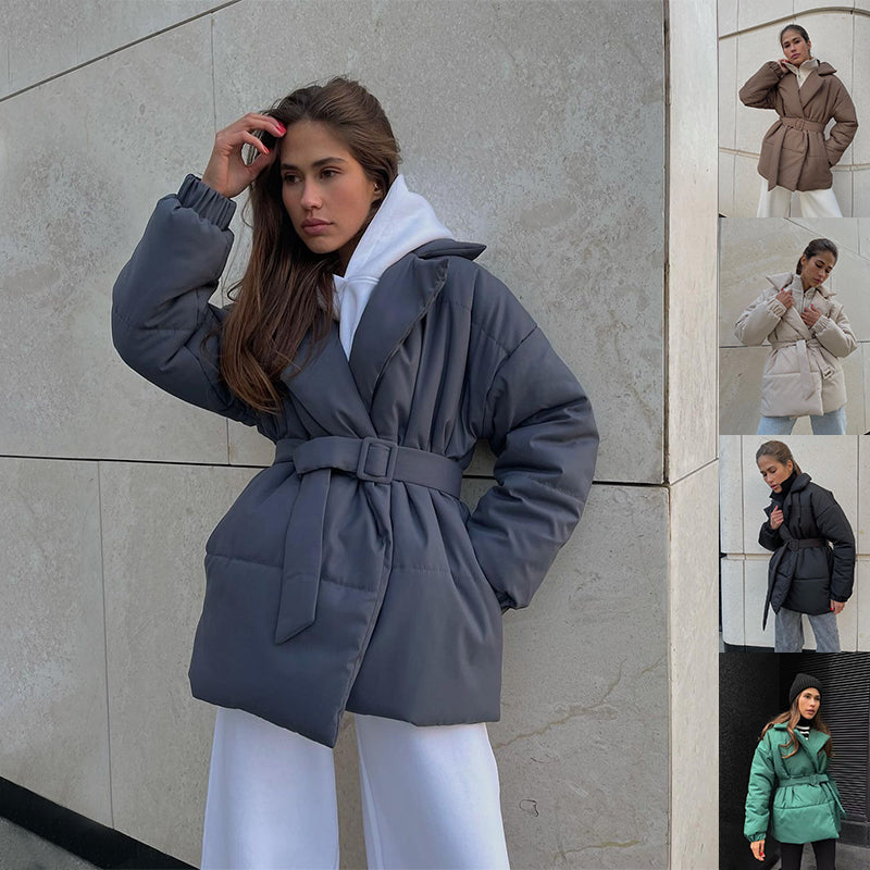 Women's Winter Lapel Waisted Cotton Coat - Slim Fit Solid Color Overcoat