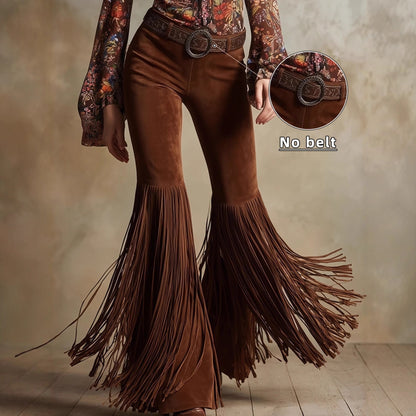 Women's Retro Western Fringe Suede-Look Pants - High Waist Tassel Trousers