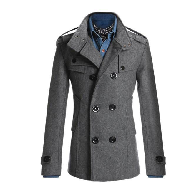 Men's Woolen Coat - Medium-Length Stand-Up Collar Double-Breasted Coat