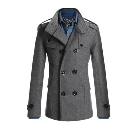 Men's Woolen Coat - Medium-Length Stand-Up Collar Double-Breasted Coat