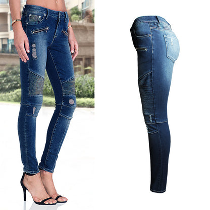 Women's Motorcycle Biker Skinny Jeans - Mid-High Waist Stretch Denim with Zipper Detail