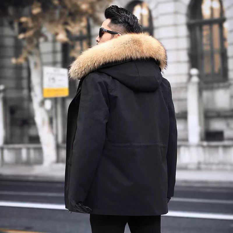 Mid-Length Faux Fur Coat - Hooded PU Leather with Raccoon Fur Liner