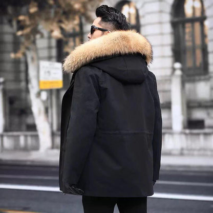 Mid-Length Faux Fur Coat - Hooded PU Leather with Raccoon Fur Liner
