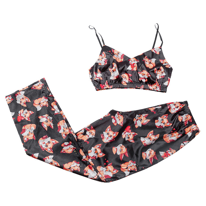 Women's Satin Cami Pajama Set - Fox Print Sleepwear Lingerie