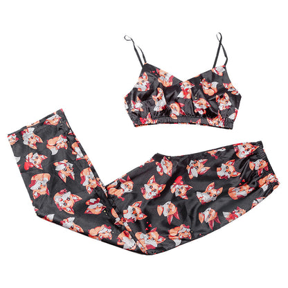 Women's Satin Cami Pajama Set - Fox Print Sleepwear Lingerie